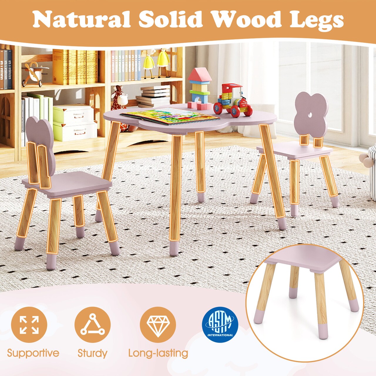 Kids Wooden Flower Table and Chair Set – 3-Piece Toddler Play Furniture with Solid Pine Legs